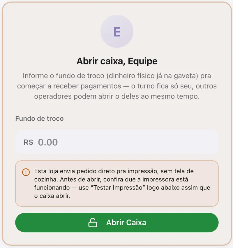 Abrir caixa com campo Fundo de troco e botão Abrir Caixa
