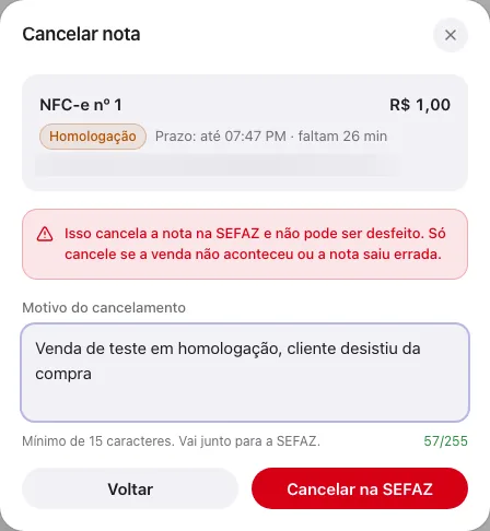 Janela Cancelar nota com prazo, aviso e motivo