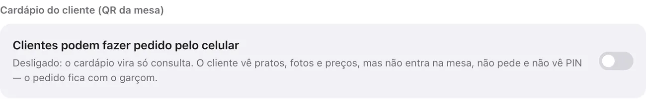 Opção Clientes podem fazer pedido pelo celular, desligada