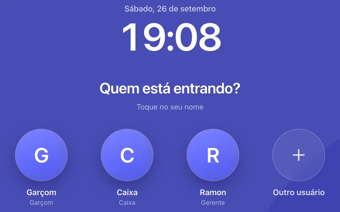 Tela Quem está entrando? com cartões Garçom, Caixa, Ramon e Outro usuário