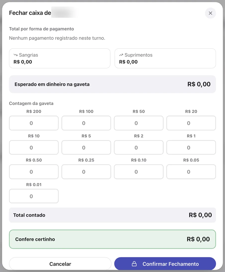 Janela Fechar caixa com Contagem da gaveta, Total contado e Confere certinho