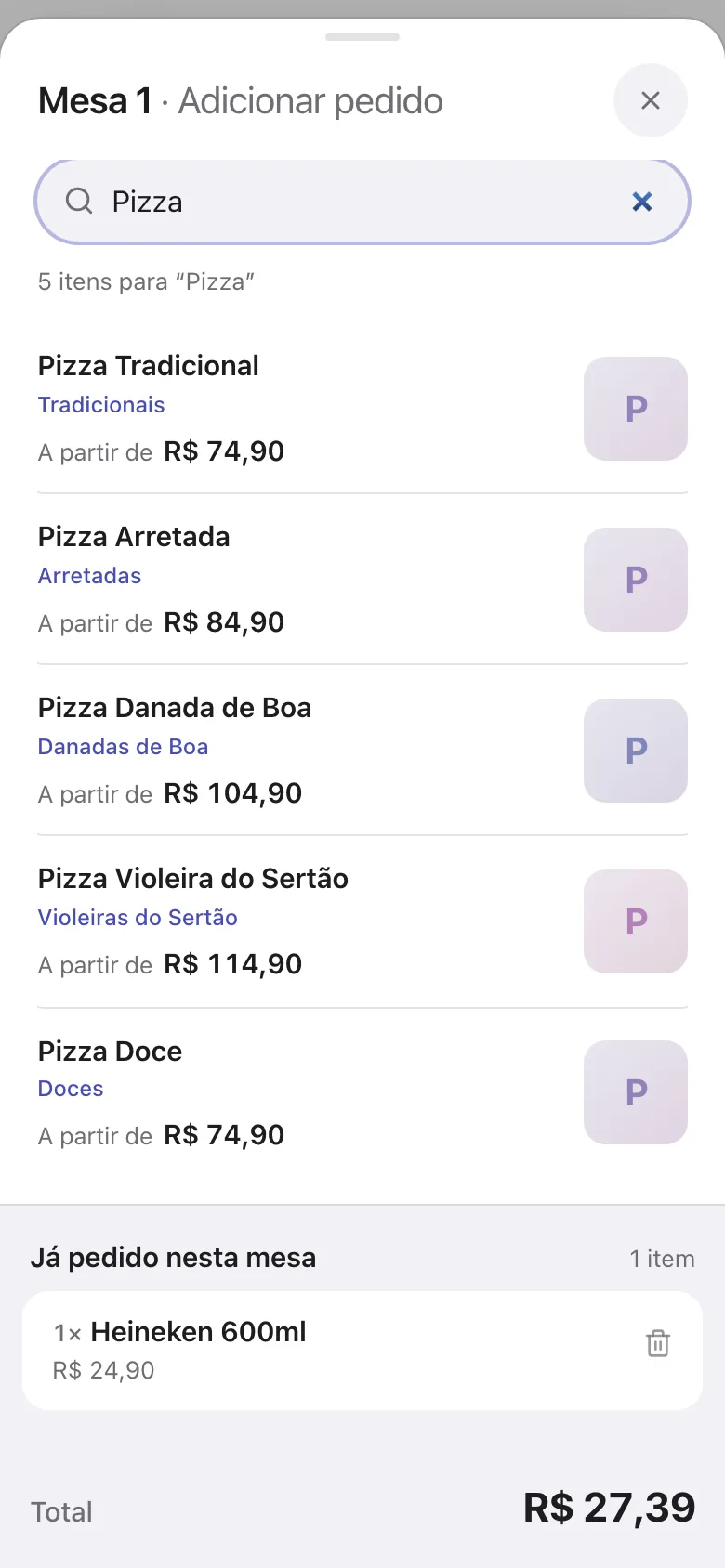 Busca por Pizza no cardápio inteiro