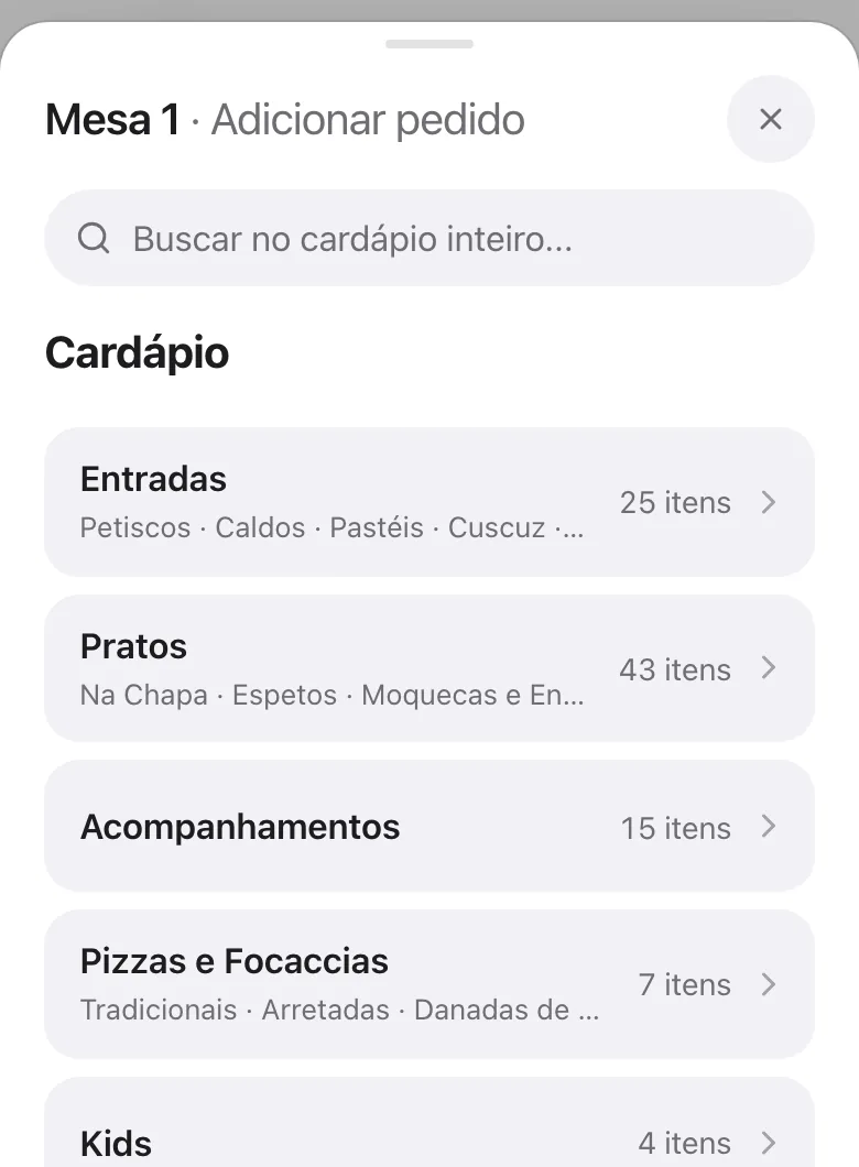 Cardápio com os grupos