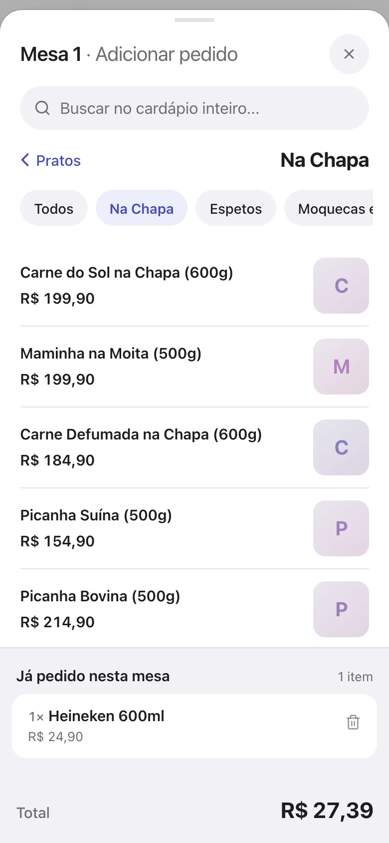 Subcategoria Na Chapa com os pratos