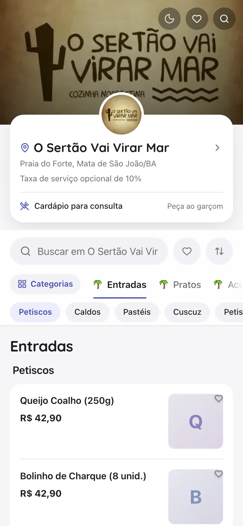 Cardápio do cliente no celular: Cardápio para consulta, peça ao garçom