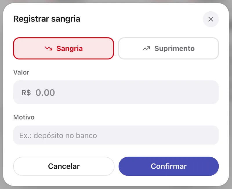 Janela Registrar sangria com Valor, Motivo e Confirmar