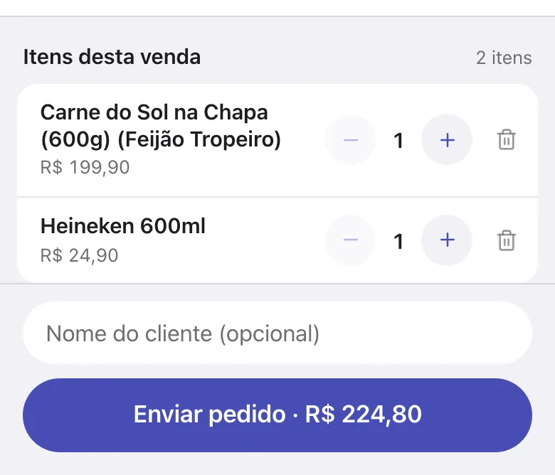 Itens desta venda, Nome do cliente e Enviar pedido